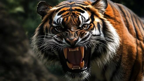 Hyperreal snarling tiger portrait with bared canines, shallow depth
