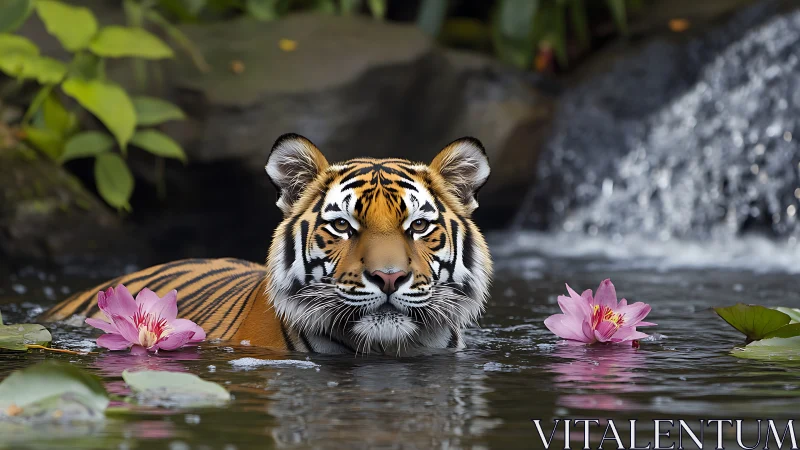 Tiger rests in forest pool between bright pink water lilies