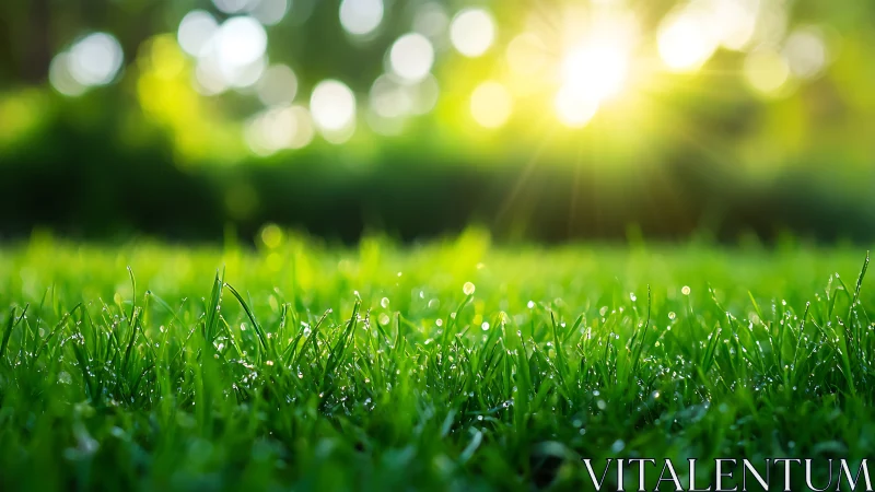 Sunlit grass field shows dewdrops in shallow focus