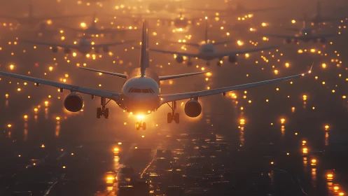 Sunlit airliner descends through glowing runway haze.
