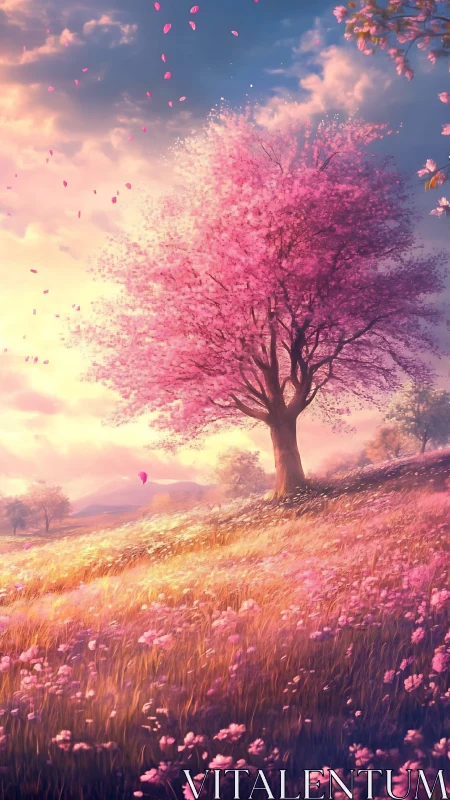 Pink blossom tree dominates warm sunset flower meadow.
