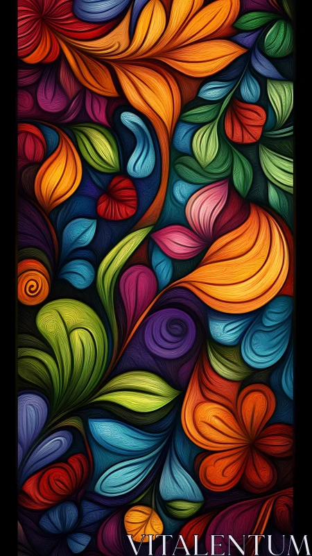 Colorful swirling abstract floral leaves fill vertical frame