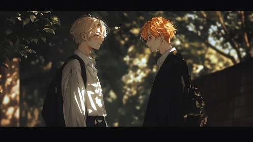 Sunlit anime schoolboys facing each other in quiet street.