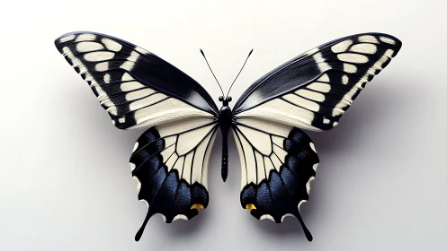 Graceful black and white butterfly spreads delicate patterned wings