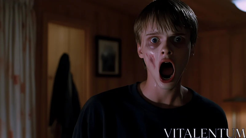 Terrified teenager in dim wooden room, cinematic close-up.