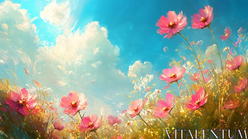 Pink Cosmos Flowers Bloom Under Brilliant Sky.