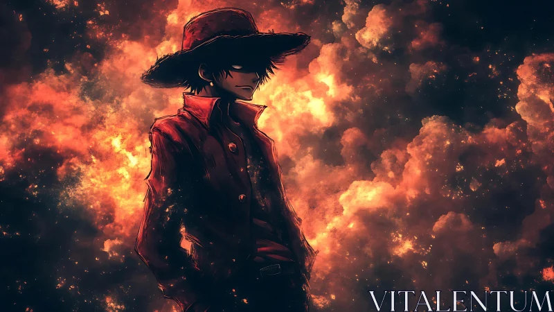 Lone ember wanderer wrapped in stormy cosmic firelight.