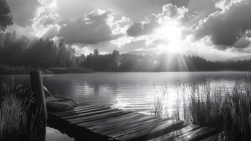 Monochrome lakeside jetty with small boat and distant forest.
