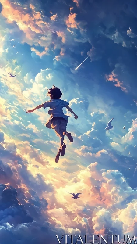 少年が雲海へ浮上する逆光構図のデジタルペイント