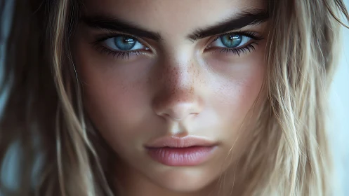 Hyperreal close-up portrait isolates intense blue gaze and skin