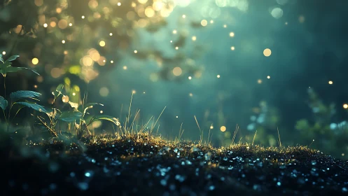 Backlit forest floor with glowing airborne particles.