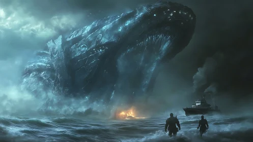 Gigantic bioluminescent sea creature towers above warship