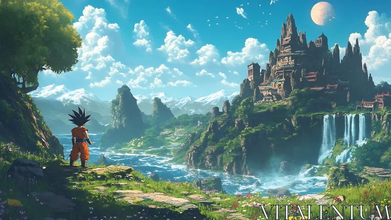 Anime warrior surveying terraced citadel and fluvial cascades.