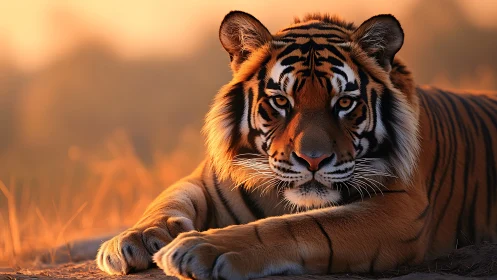 Resting tiger in warm sunset light, detailed close view.