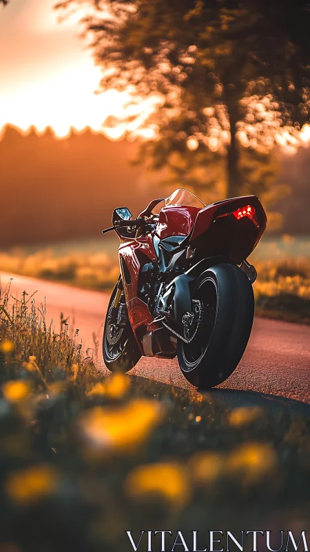 Red sport motorcycle on rural road at warm sunset light.