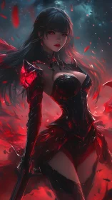 Dark anime warrioress in blazing crimson magic armor.