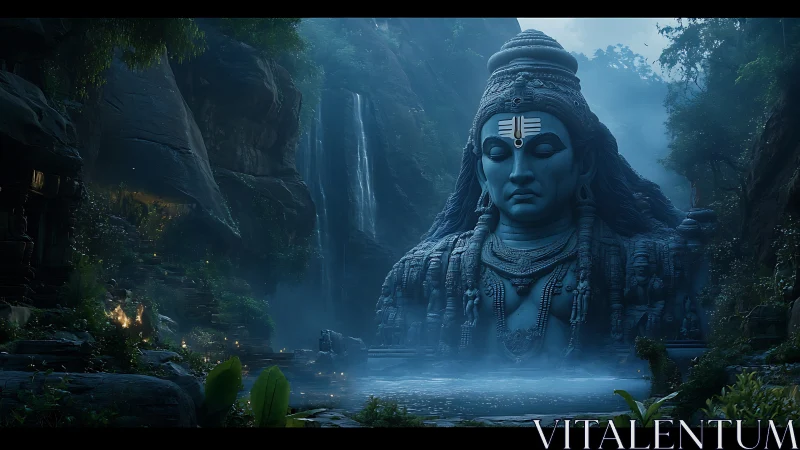 Colossal Shiva stone monument in misted jungle gorge.