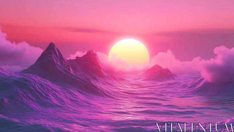 Synthwave style seascape with sun over stylized waves.