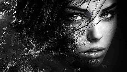 Storm-lit gaze where water and quiet strength collide.