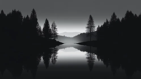 Monochrome forest lake with silhouetted trees and reflection.