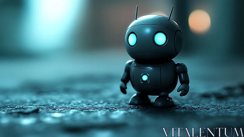 Miniature cyan-lit robot rendered in cinematic 3D bokeh scene
