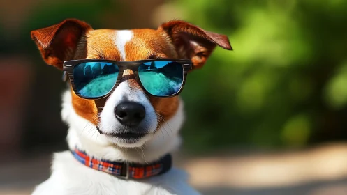 Cool summer pup wears reflective sunglasses with easy charm