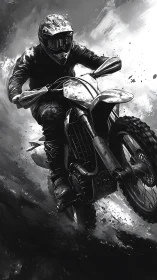 Motocross rider charges through monochrome storm of dirt