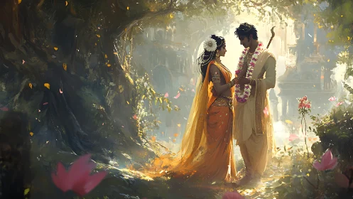 Mythic Hindu wedding couple under luminous forest canopy