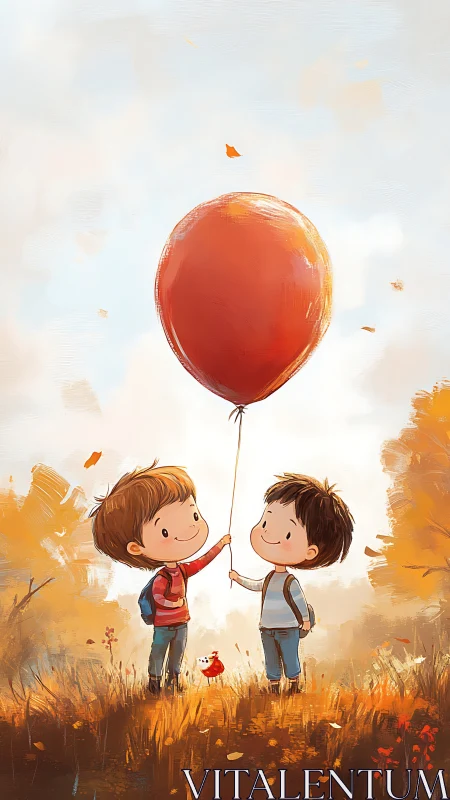 Two Children Share Autumn Wonder with Giant Red Balloon