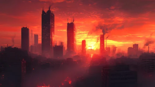 Burning red sunset engulfs dystopian highrise city skyline