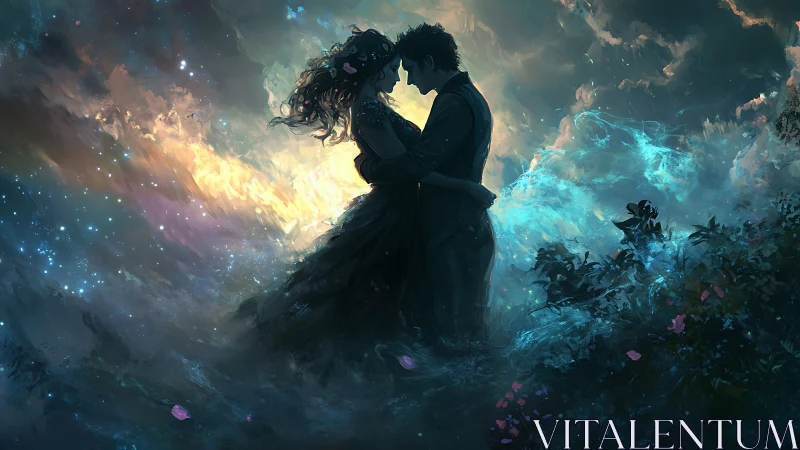 Silhouetted couple embraced against luminous cosmic backdrop with magical aura.