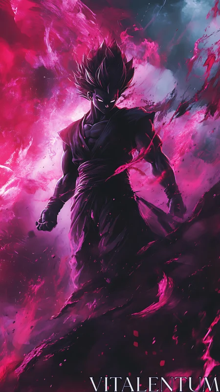 Anime warrior emerges through neon magenta energy storm.