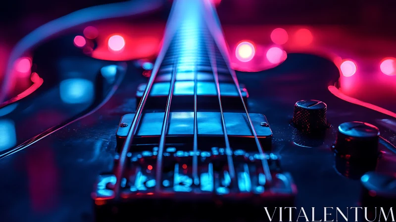 Electric guitar strings under neon blue and pink light.
