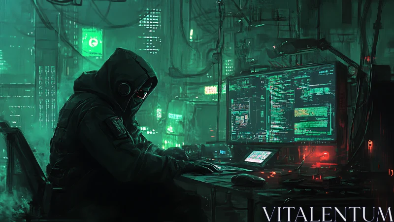 Hooded hacker operates terminal in neon cyberpunk control room
