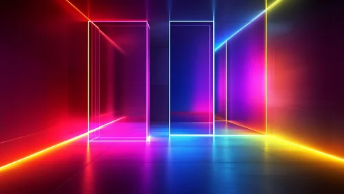 Neon light corridors form glowing geometric passageways