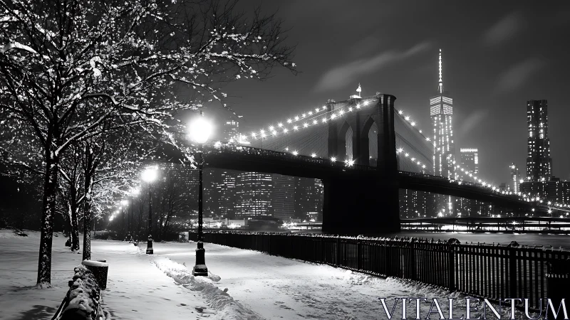 Snowy city riverfront glows beneath illuminated bridge at night.