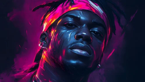 Neon portrait of confident man in vivid magenta lighting.