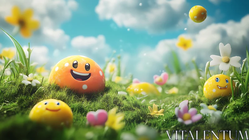Smiling spherical characters populate a stylized grassy meadow