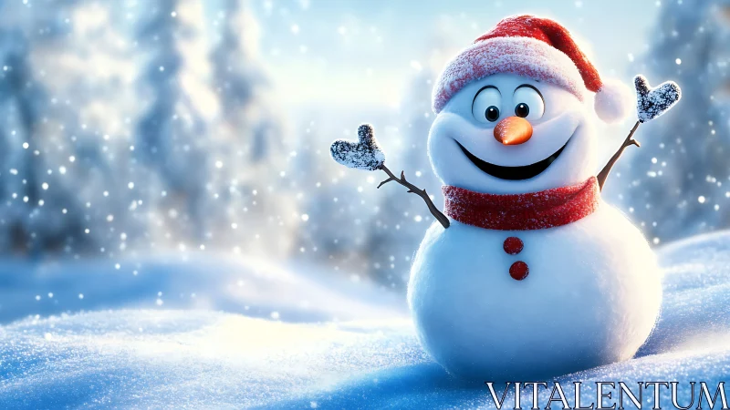 Smiling snowman stands outdoors in a bright snowy forest