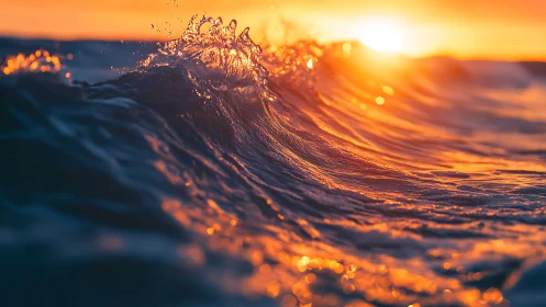 Shallow depth macro ocean wave captures intense sunset refraction