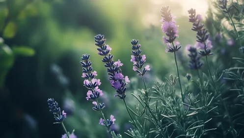 Lavender flowers in soft focus bloom with purple petals against blurred green foliage backdrop