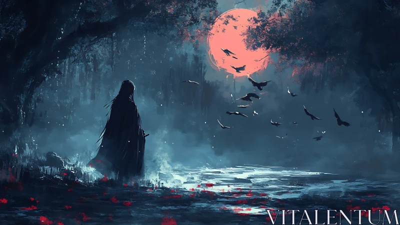 Dark cloaked figure under red moon in misty forest pond.