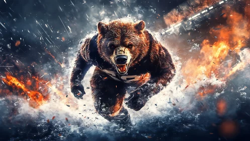 Charging battle bear erupts through fire and shattered ice