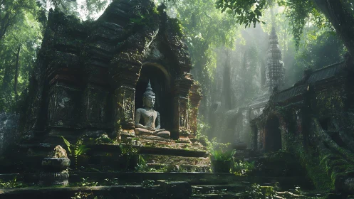 Sunlit stone Buddha amid overgrown jungle shrine complex.