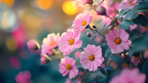 Pink Cosmos Flowers with Golden Centers in Warm Bokeh Environment