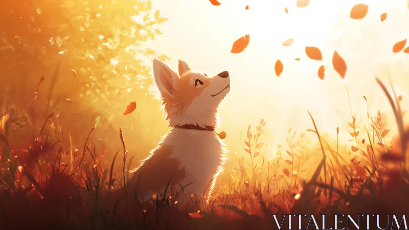 Golden corgi gazes at falling autumn leaves in sunlight.