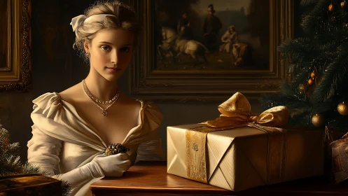 Classical portrait lighting renders regal woman beside gift box