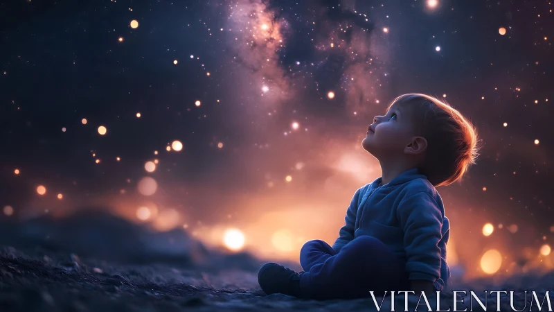 Toddler sits under glowing night sky watching distant galaxy
