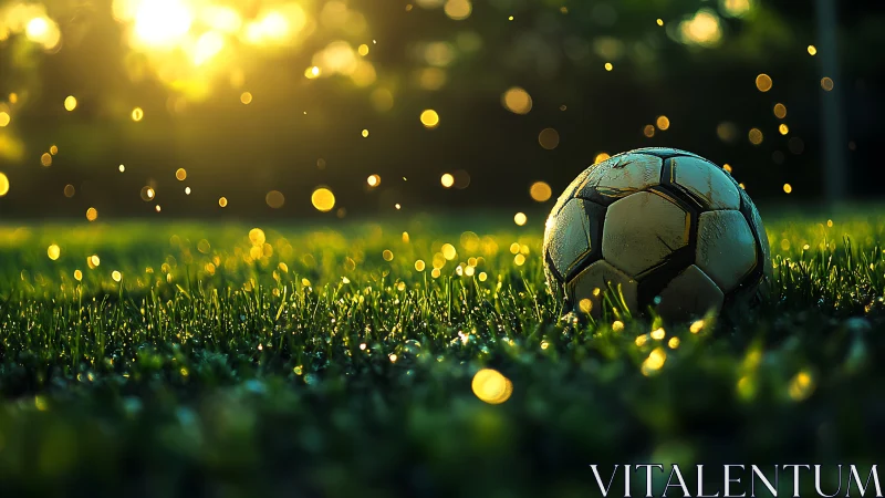Sunlit soccer ball resting on dewy pitch with golden bokeh.