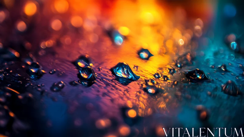 Luminous water droplets glow in vivid orange and teal light.
